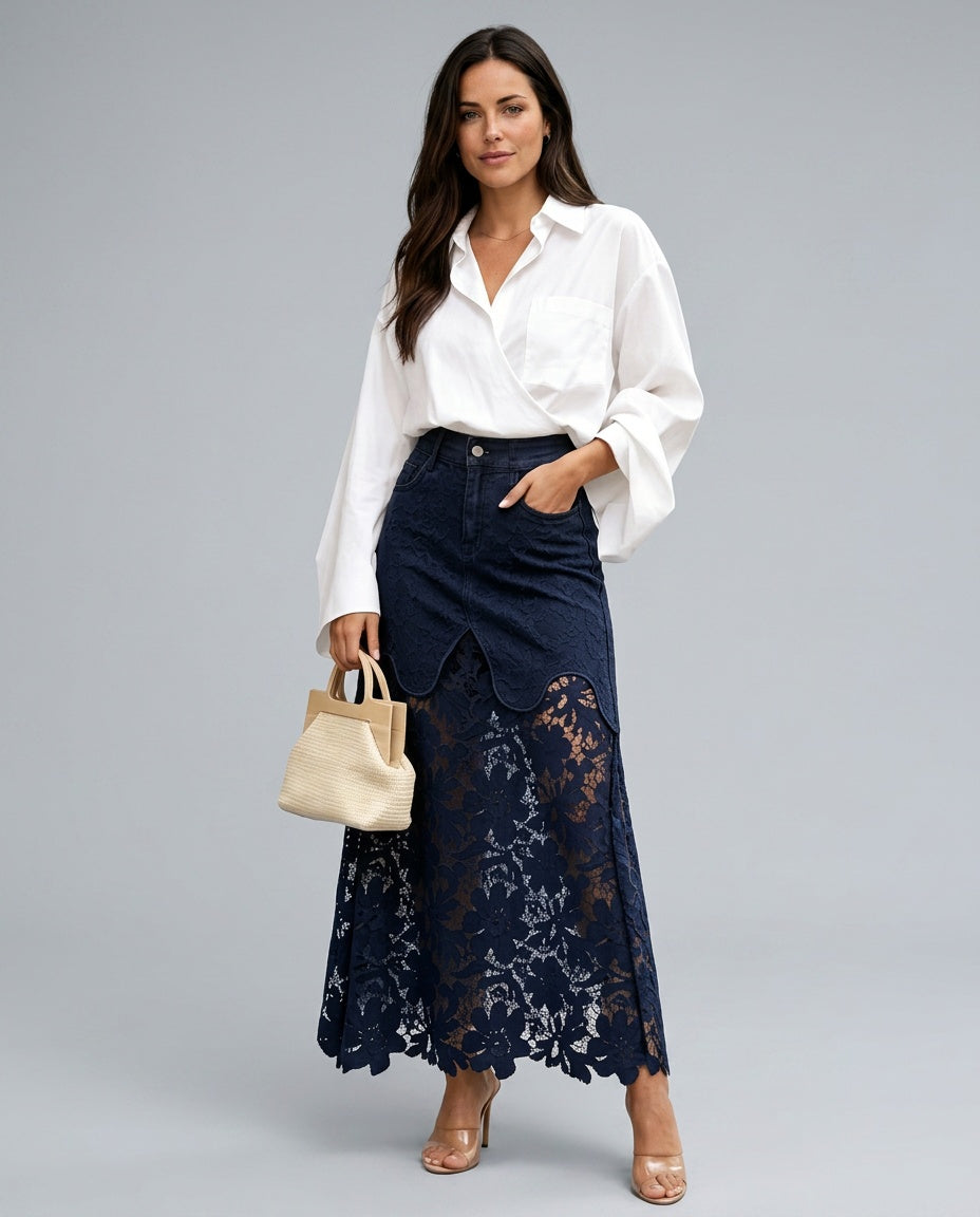 Malena | High Waist Button Front Denim Lace Panel Maxi Skirt