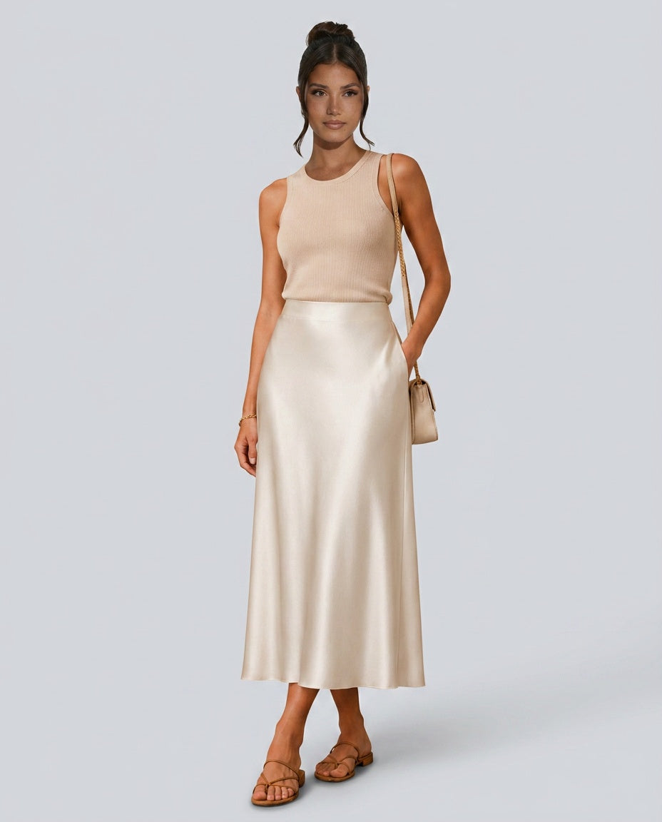 Beatrix | High Waist A-Line Satin-Look Midi Skirt