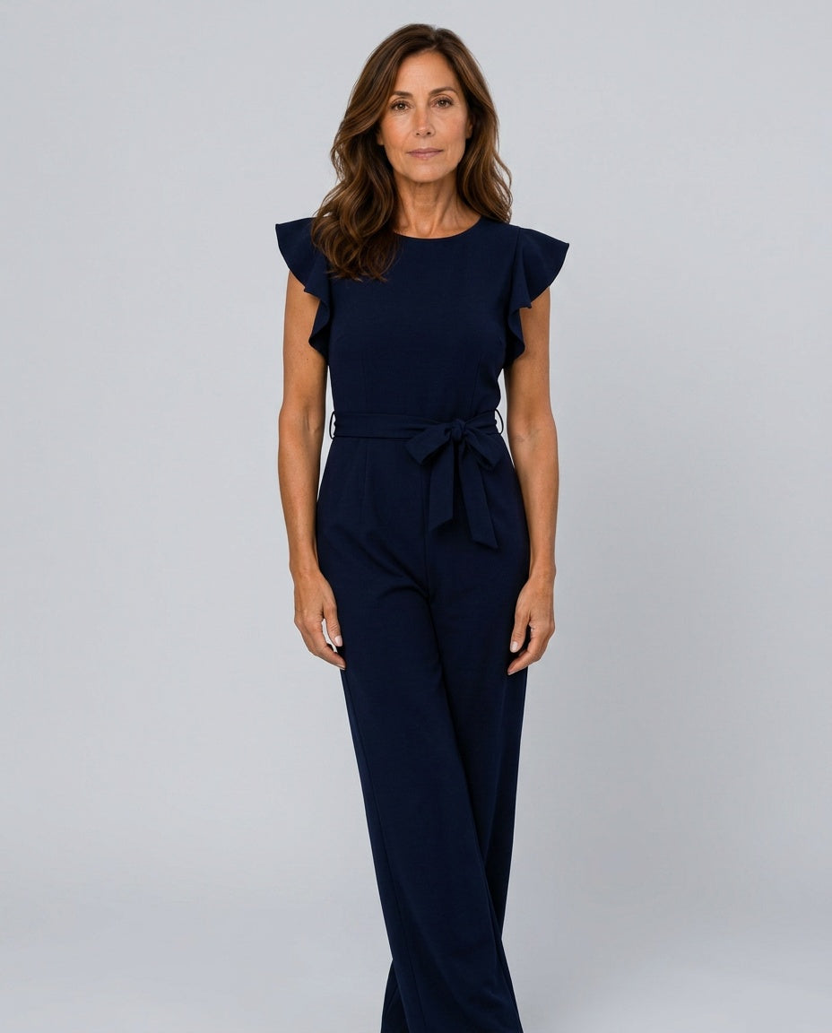 Cora | Ruffle Sleeve Tie Belt Straight Leg Jumpsuit