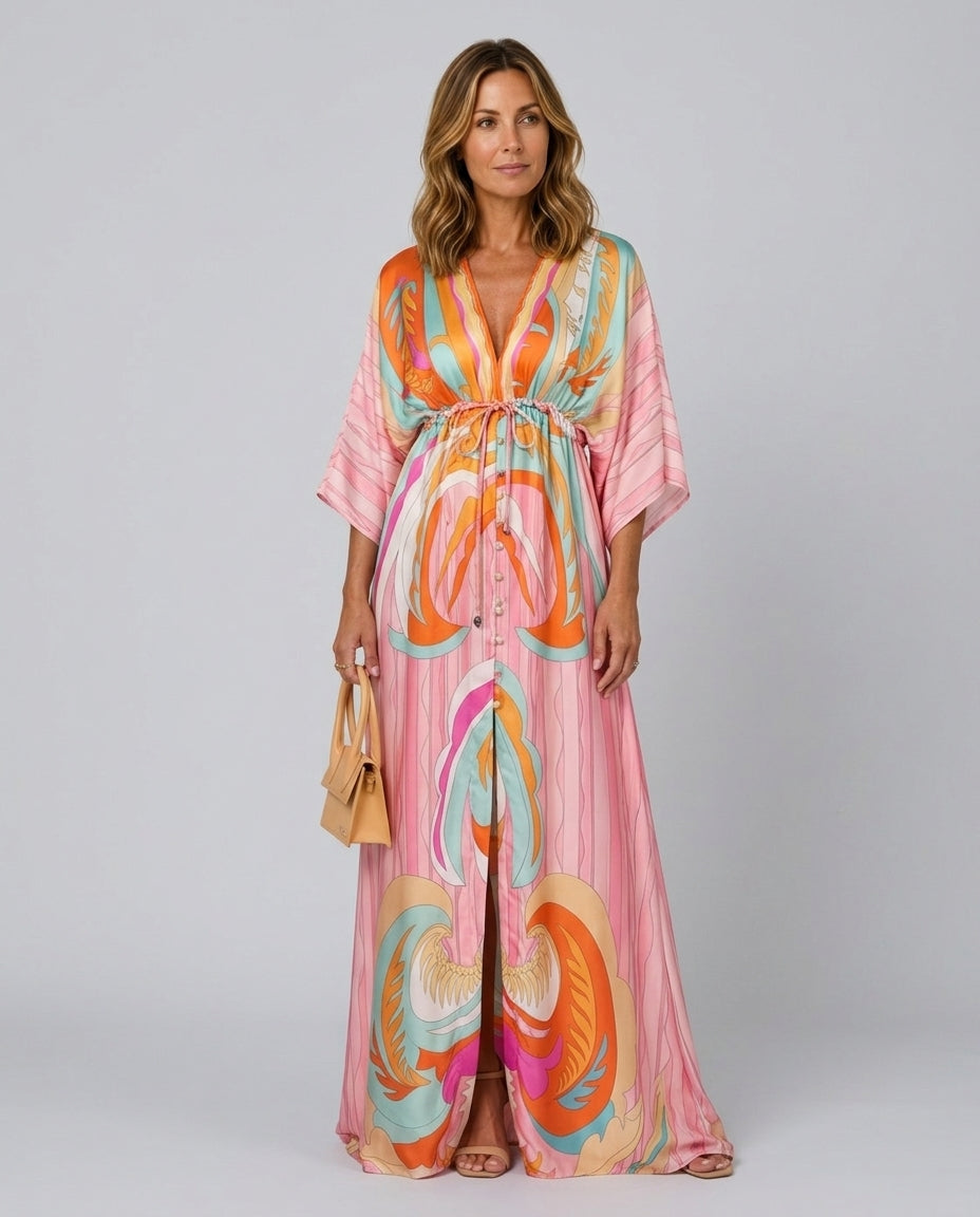 Josephine | Printed Batwing Tie-Waist Maxi Dress