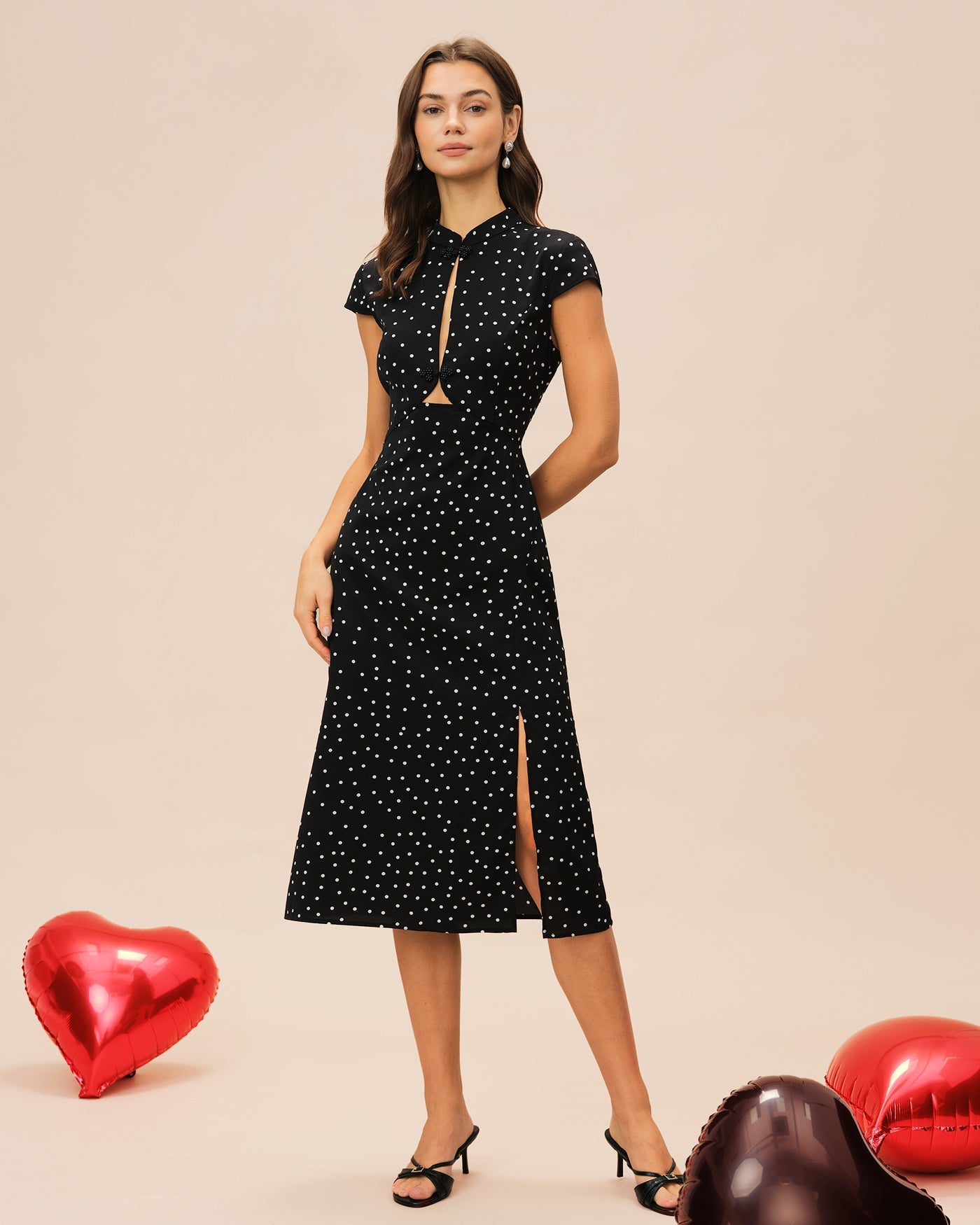 Noor | Mandarin Collar Polka Dot Midi Dress