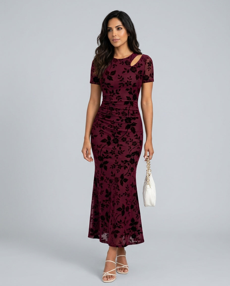 Fleur | Flocked Floral Mermaid Maxi Dress with Sheer Sleeves
