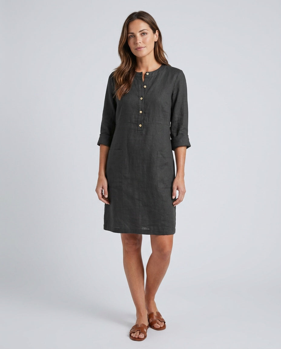 Thea | Button-Front Sleeved Knee-Length Midi Dress