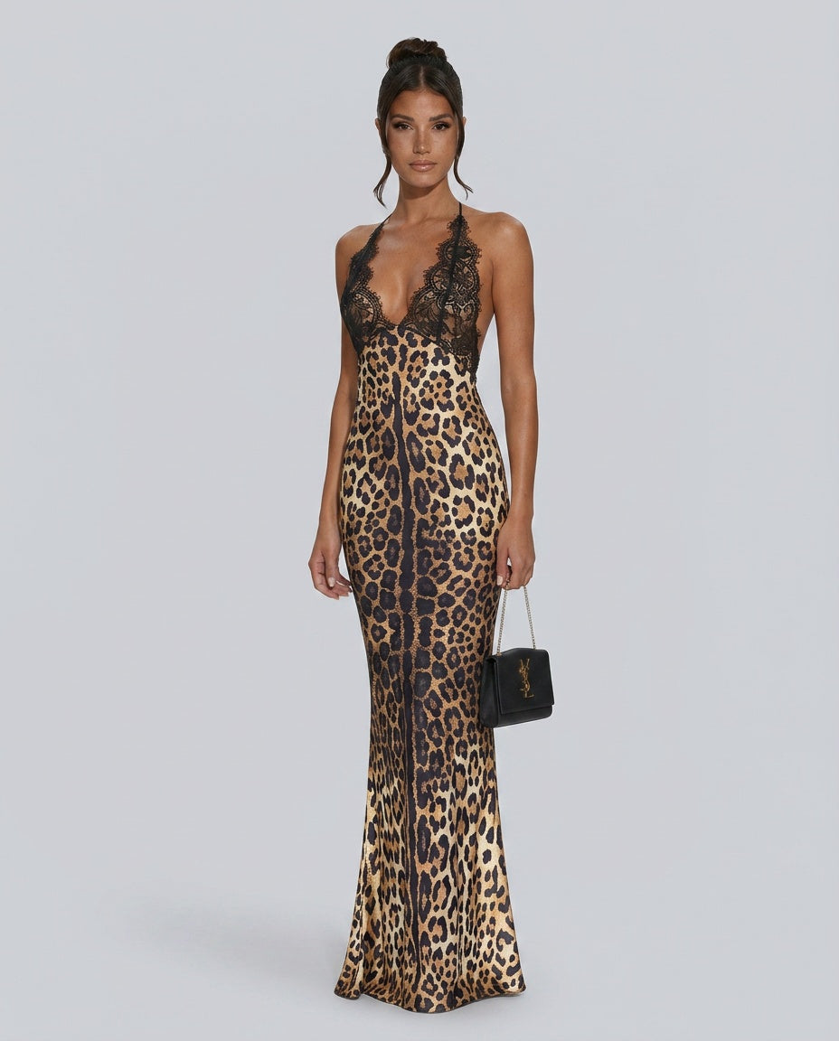 Ada | Halter Neck Lace Leopard Maxi Dress