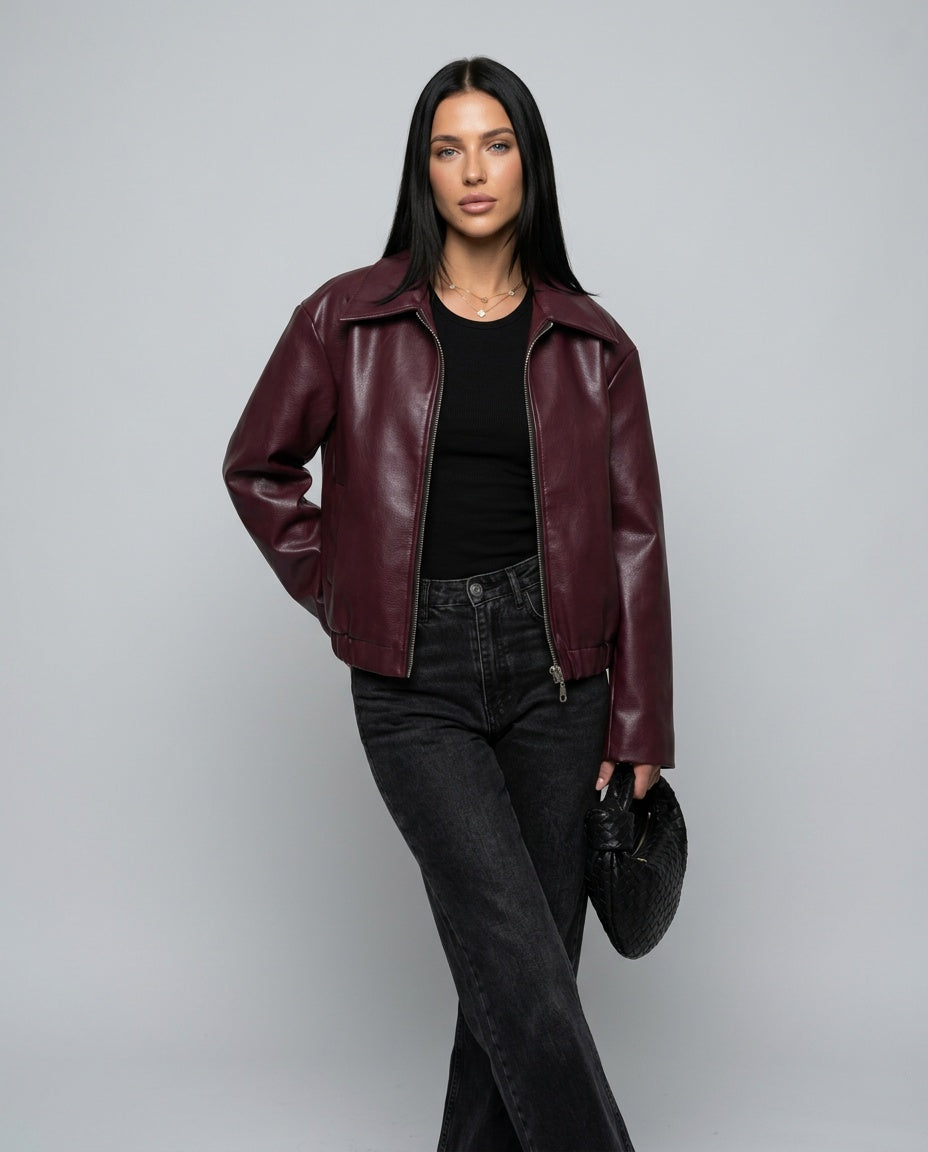 Alejandra | Vintage Wine Red Leather-Look Biker Jacket