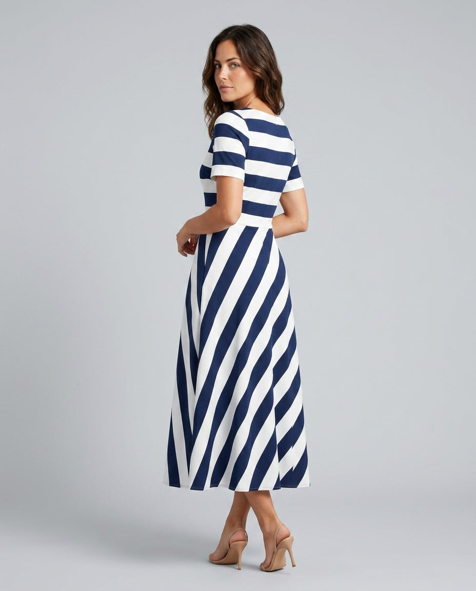 Chloe | Striped A-Line Split Neck Midi Dress