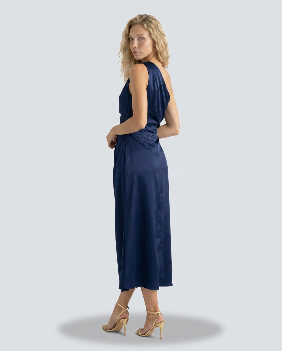 Seraphina | One-Shoulder Draped Satin-Look Midi Dress
