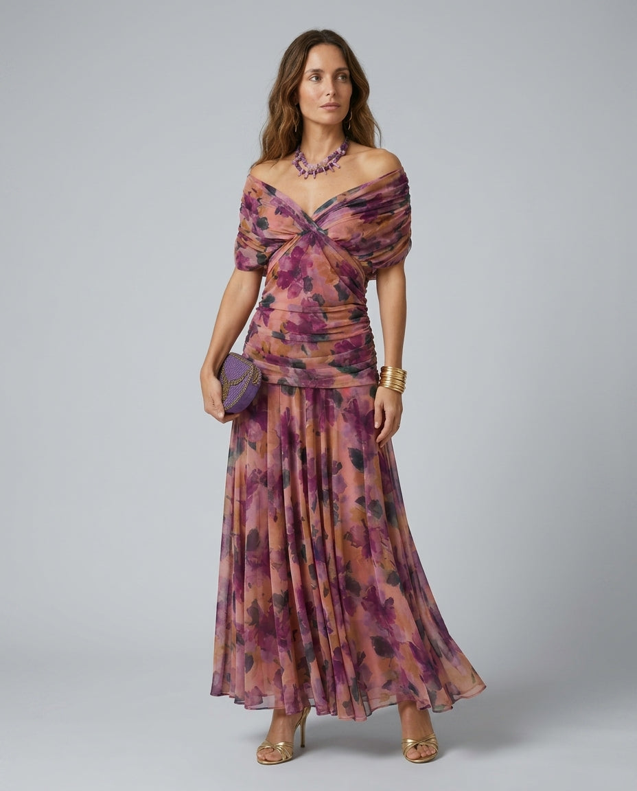 Kennedy | V-Neck Crossed Draped Floral Maxi Dress