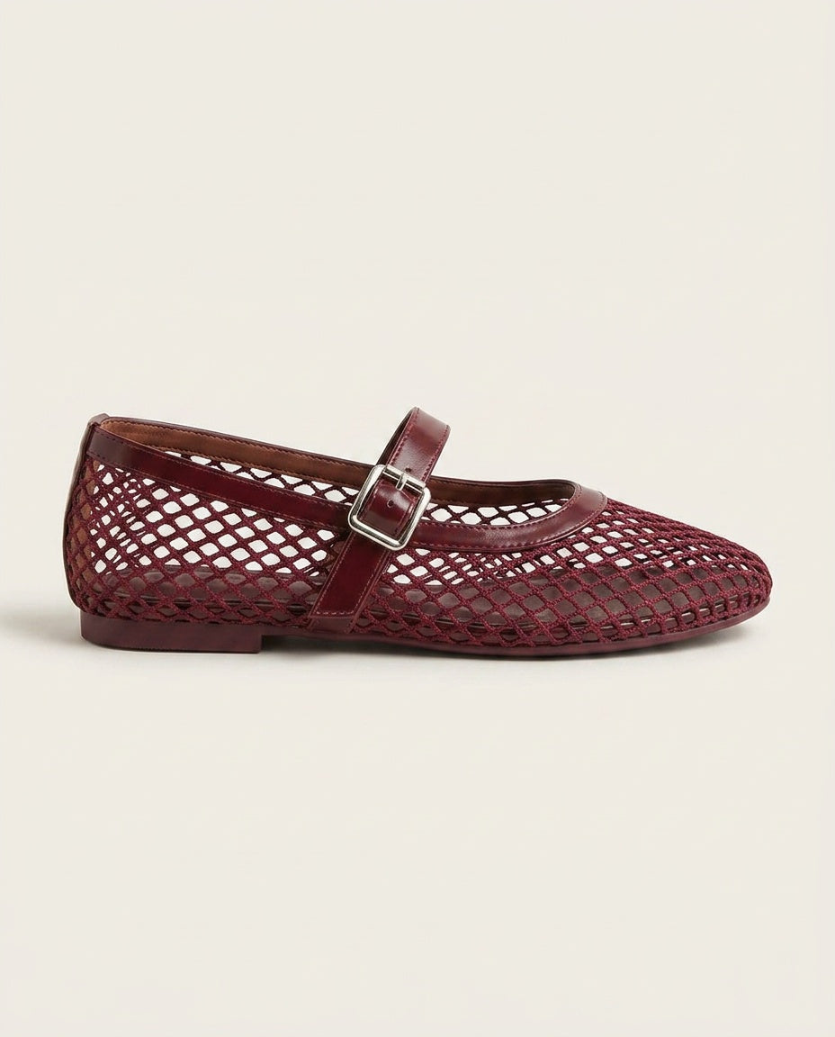 Renata | Round Toe Buckle Strap Mesh Ballet Flats