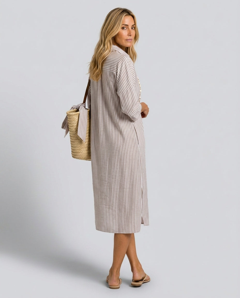 Josie | Striped Linen-Blend Shirt Collar Midi Dress