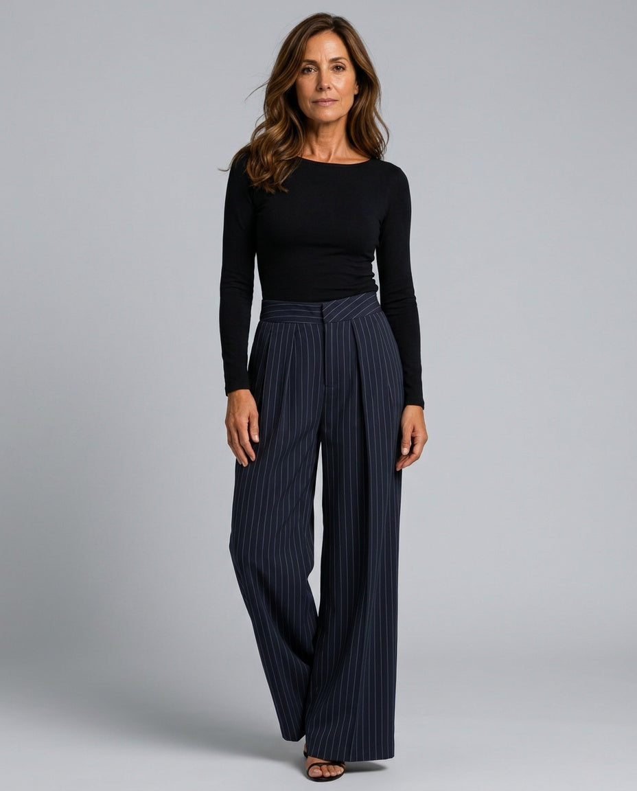Freya | High Waist Striped Pleated Wide-Leg Trousers