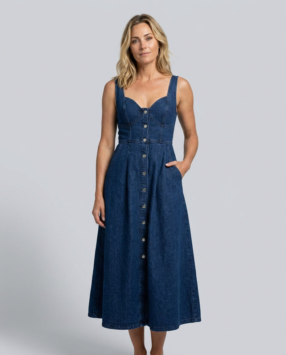 Daya | Sleeveless Button-Front Denim Shift Dress