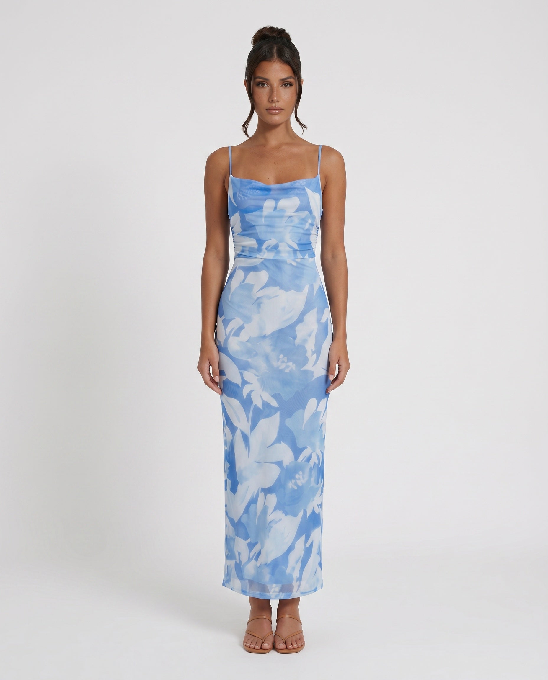 Leona | Spaghetti Strap Lace-Up Abstract Print Maxi Dress