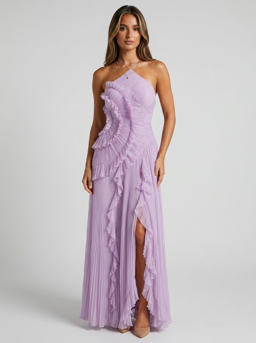 Beatriz | Pleated Halter Ruffle Maxi Dress