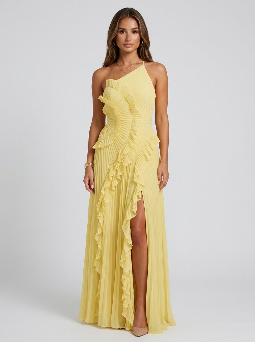 Beatriz | Pleated Halter Ruffle Maxi Dress