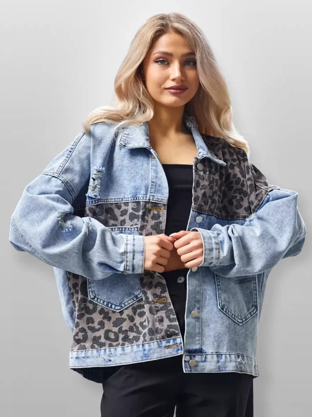 Wren | Leopard Print Long Sleeve Denim Jacket