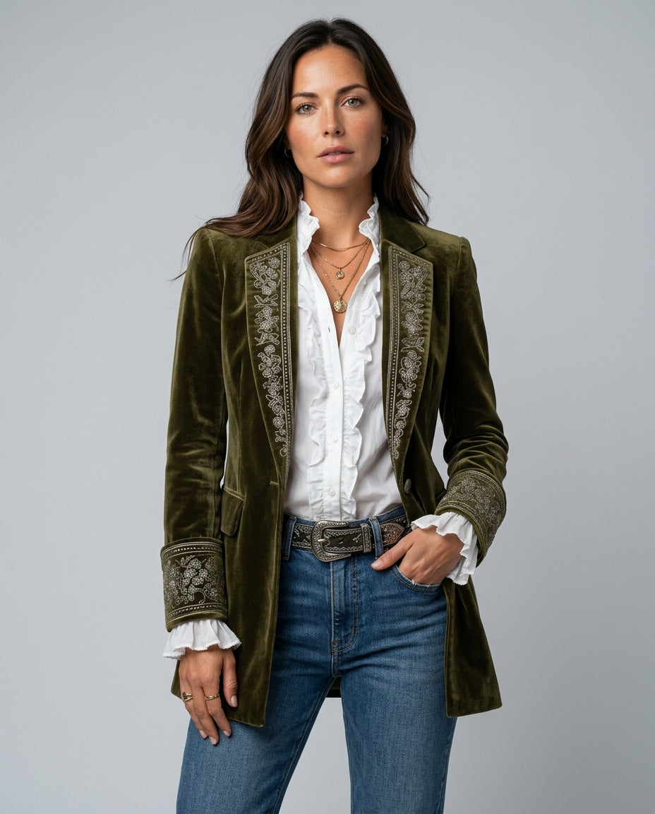 Kira | Embroidered Longline Jacket with Layered Cuffs