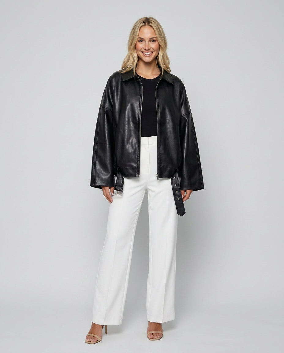 Raven | Oversized Patchwork Faux Leather Bomber Jacket