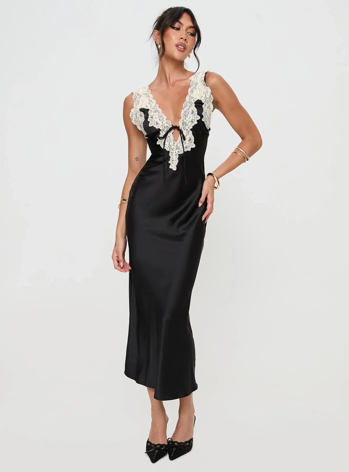 Paige | V-Neck Lace Black Tie Maxi Dress