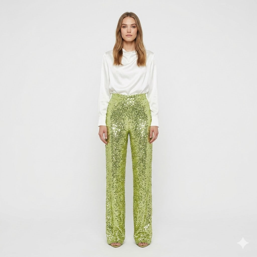 Clara | High Waist Sequin Straight Leg Trousers