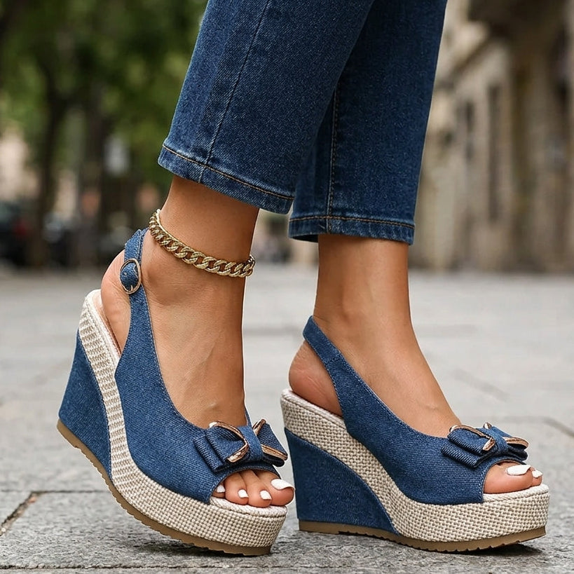 Ada | Denim Bow Wedge Shoes