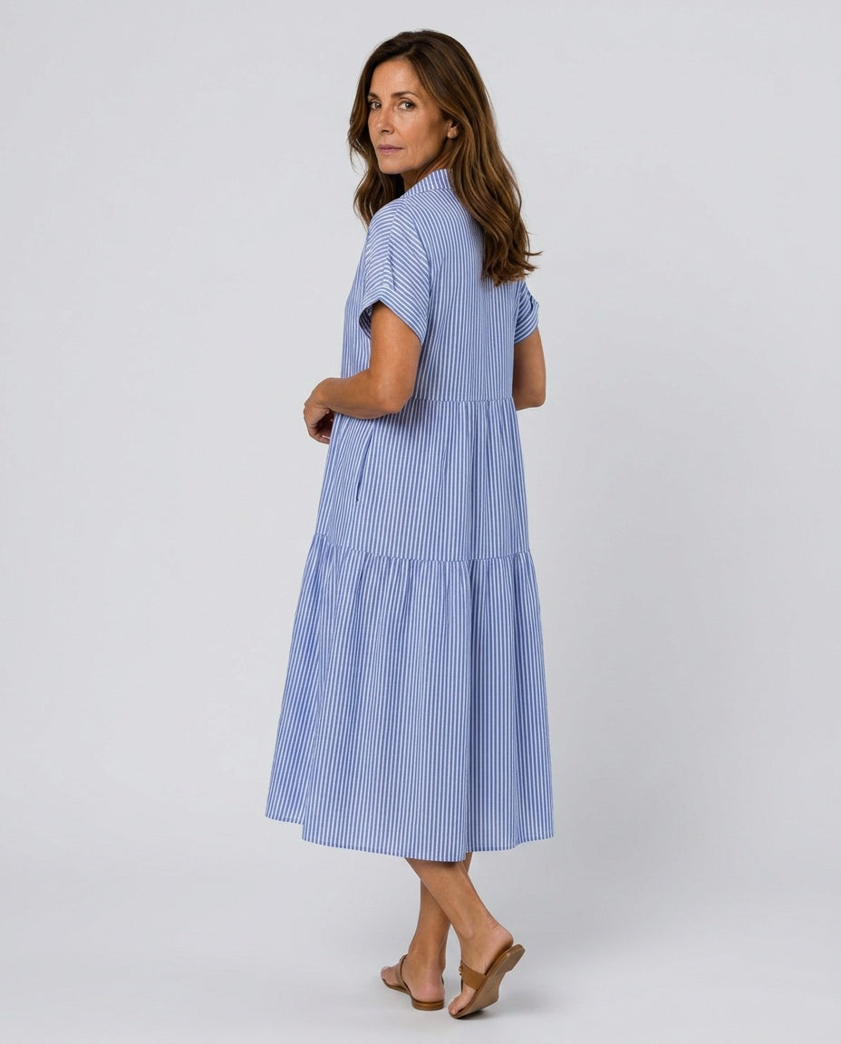 Emerson | Short Sleeve Button Front Striped Midi Dress