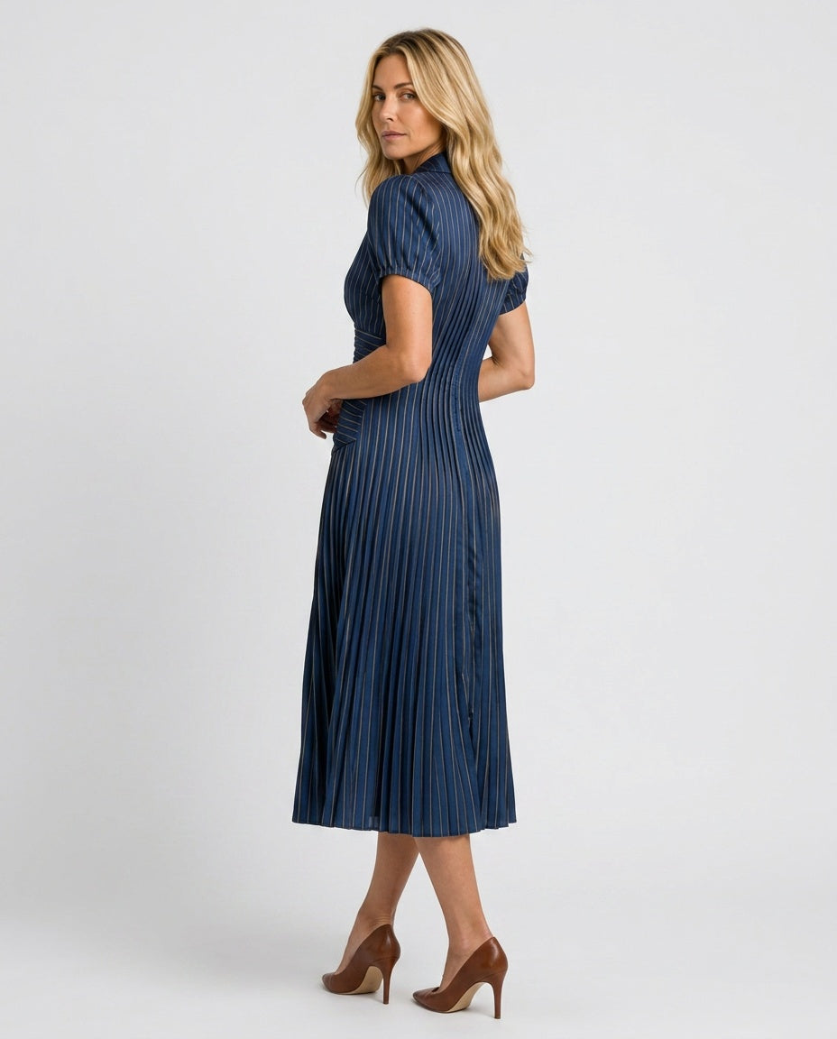 Theodora | Pleated Waistline Stripe Midi Dress