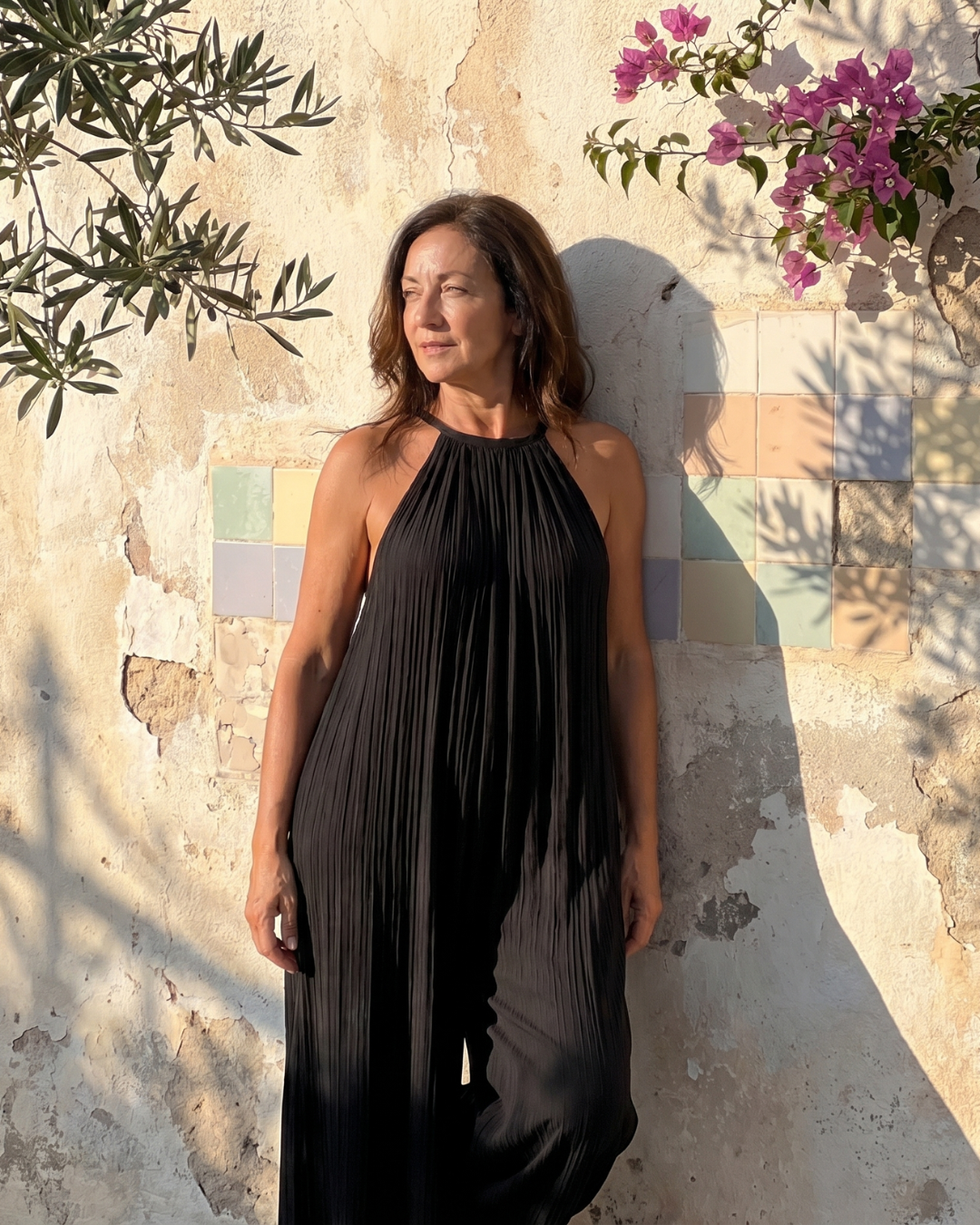 Sylvara | Pleated Halter Neck Wide Leg Jumpsuit