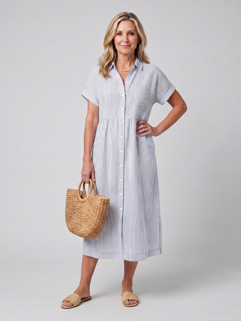 Anais | Short Sleeve Striped Midi Dress