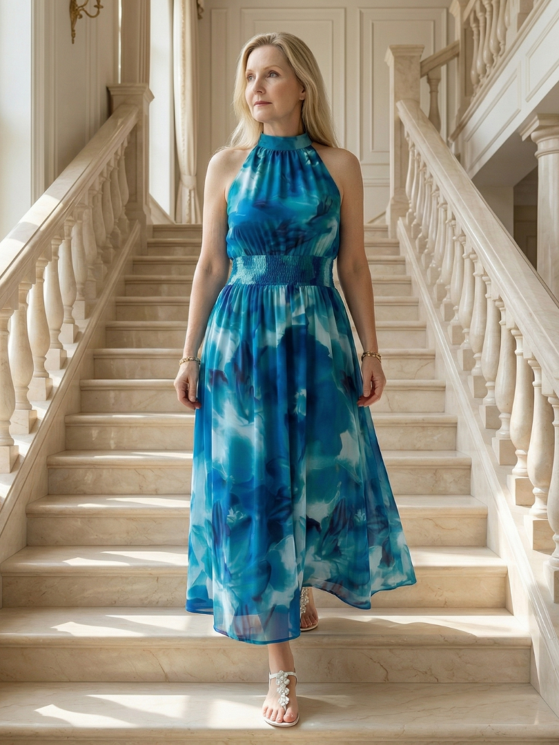 Niamh | Gathered Halter Flowy Midi Dress