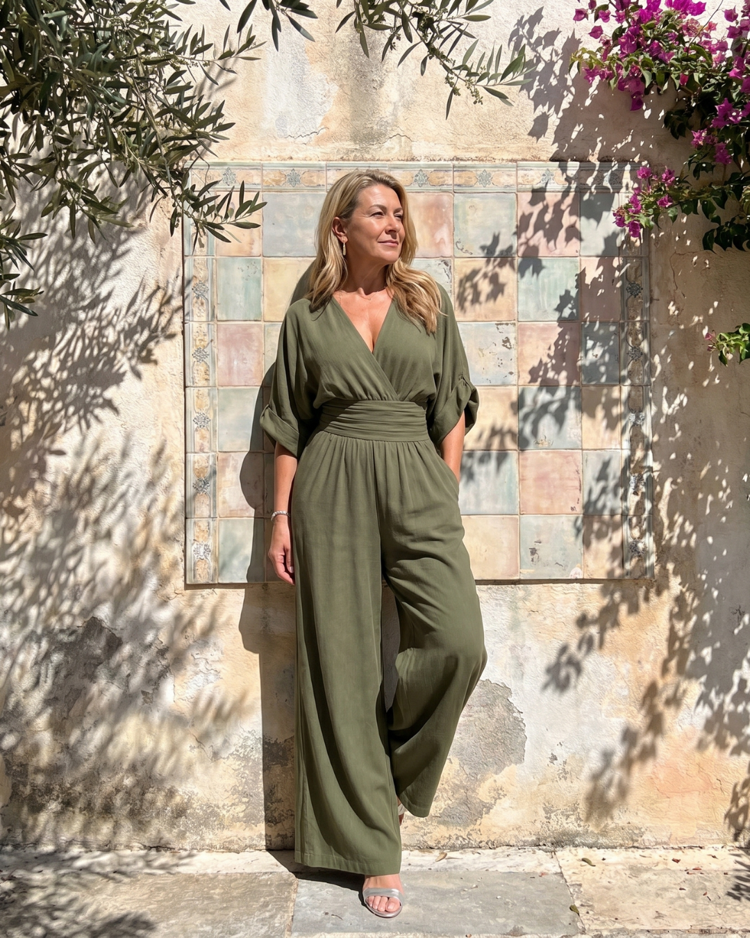 Elin | Draped V-Neck Wide Leg Relaxed Jumpsuit