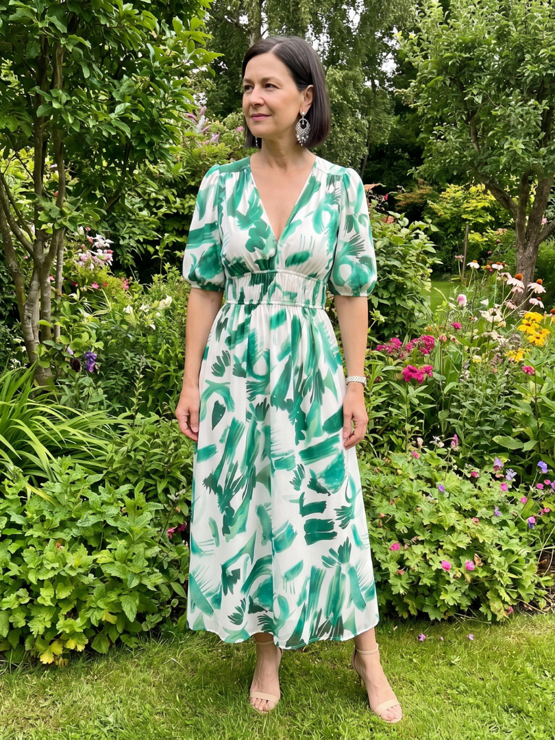 Coralie | Puff Sleeve V-Neck Abstract Print Midi Dress