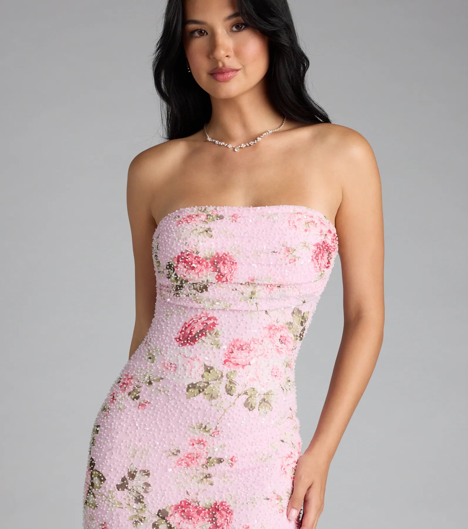 Marina | Strapless Floral Beaded Mesh Mini Dress