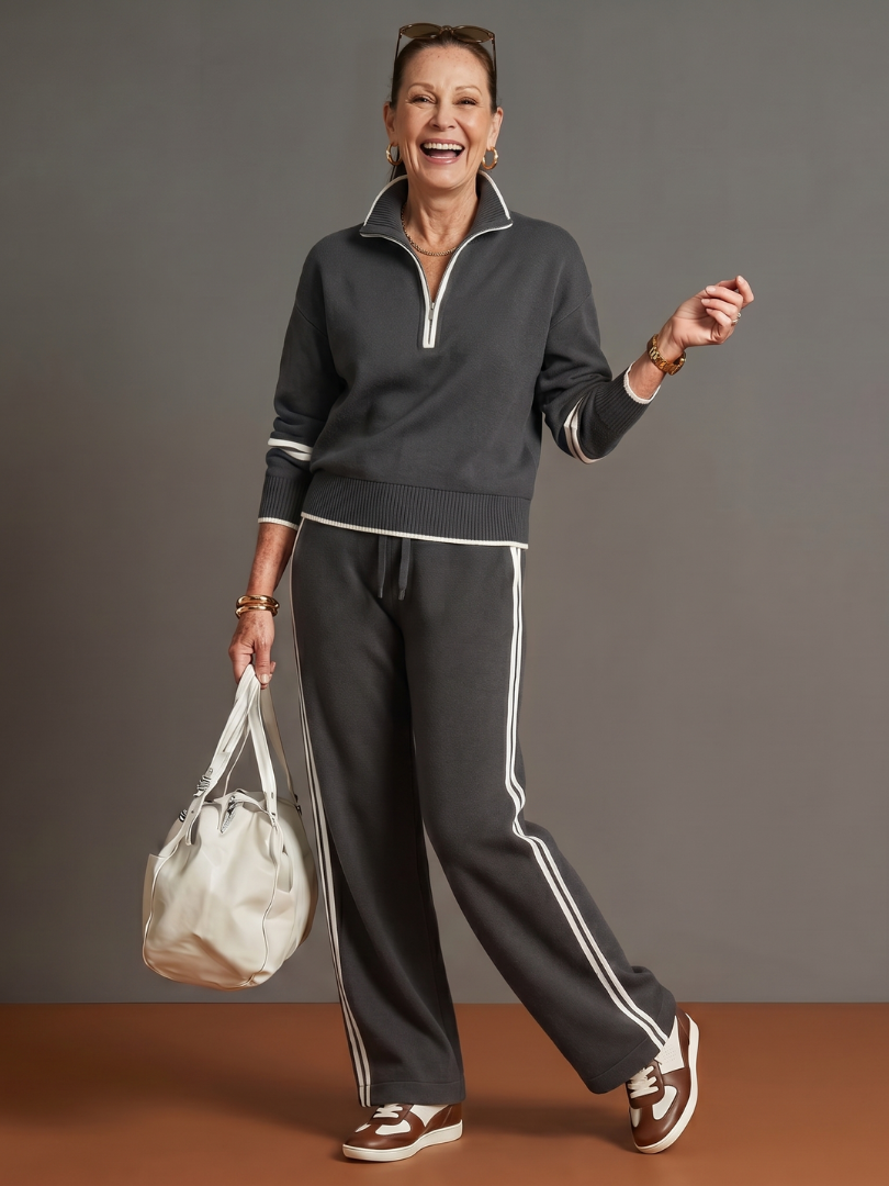 Rova | Zip Neck Striped Knit Long Sleeve Pants Set