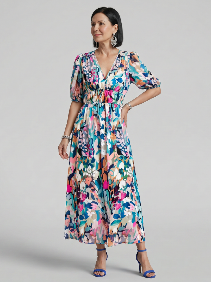 Coralie | Puff Sleeve V-Neck Abstract Print Midi Dress