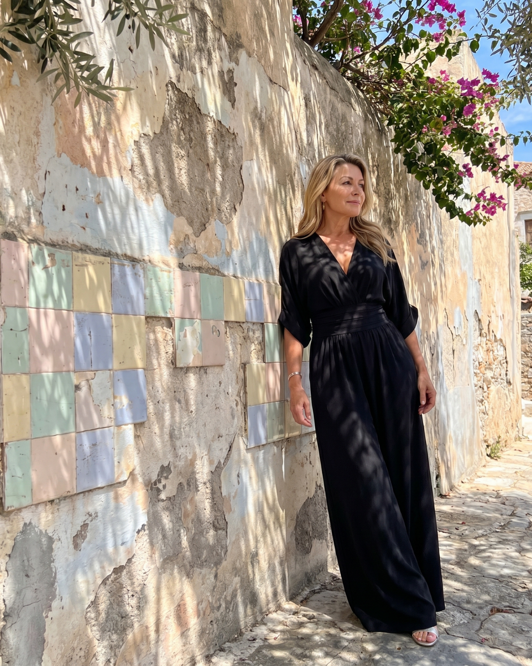 Elin | Draped V-Neck Wide Leg Relaxed Jumpsuit