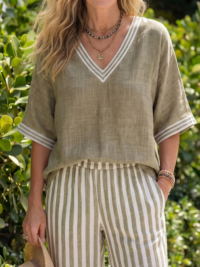 Rocio | Striped Contrast V-Neck Tunic & Trouser Co-ord Set