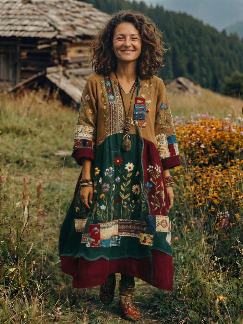 Wren | Embroidered Panel Long Sleeve Midi Dress