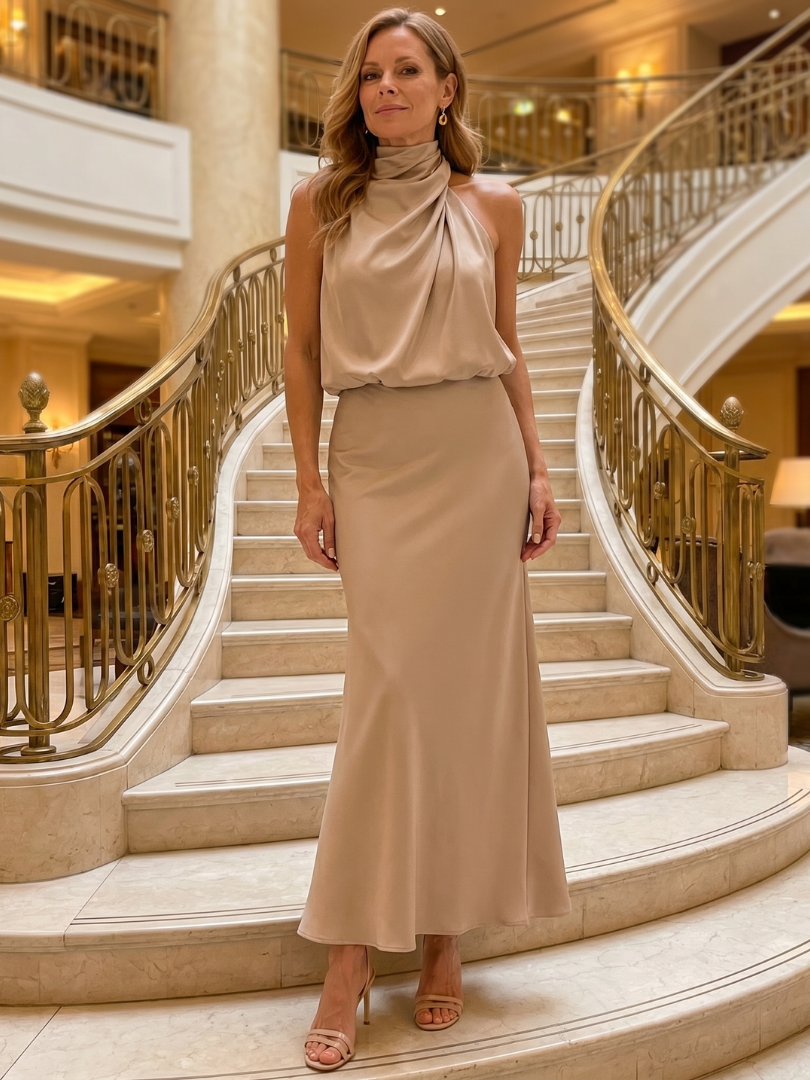 Helena | Sleeveless Draped Neck Midi Dress