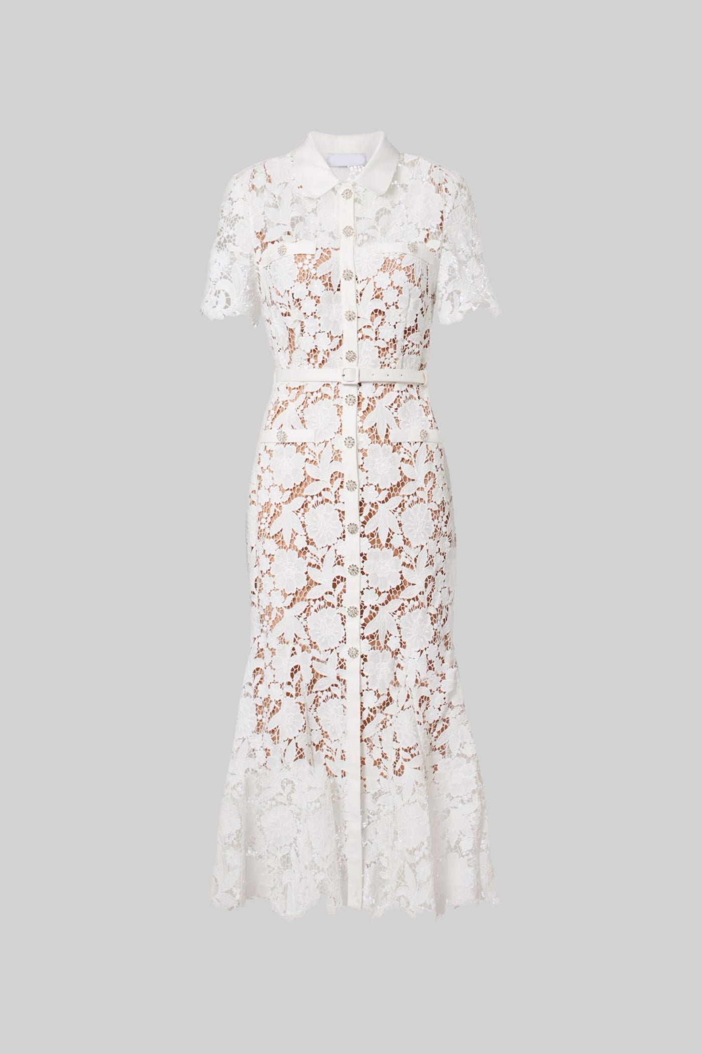 Faye | Lace Short Sleeve Belted Midi Dress