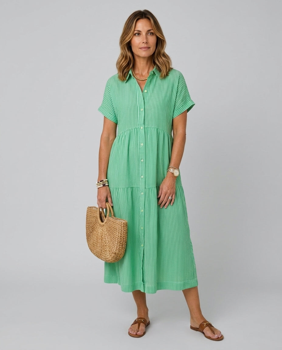 Emerson | Short Sleeve Button Front Striped Midi Dress