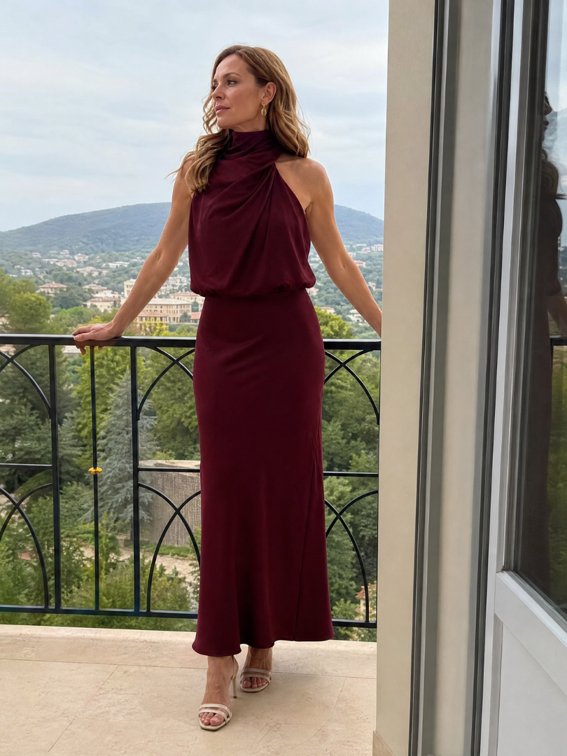 Helena | Sleeveless Draped Neck Midi Dress