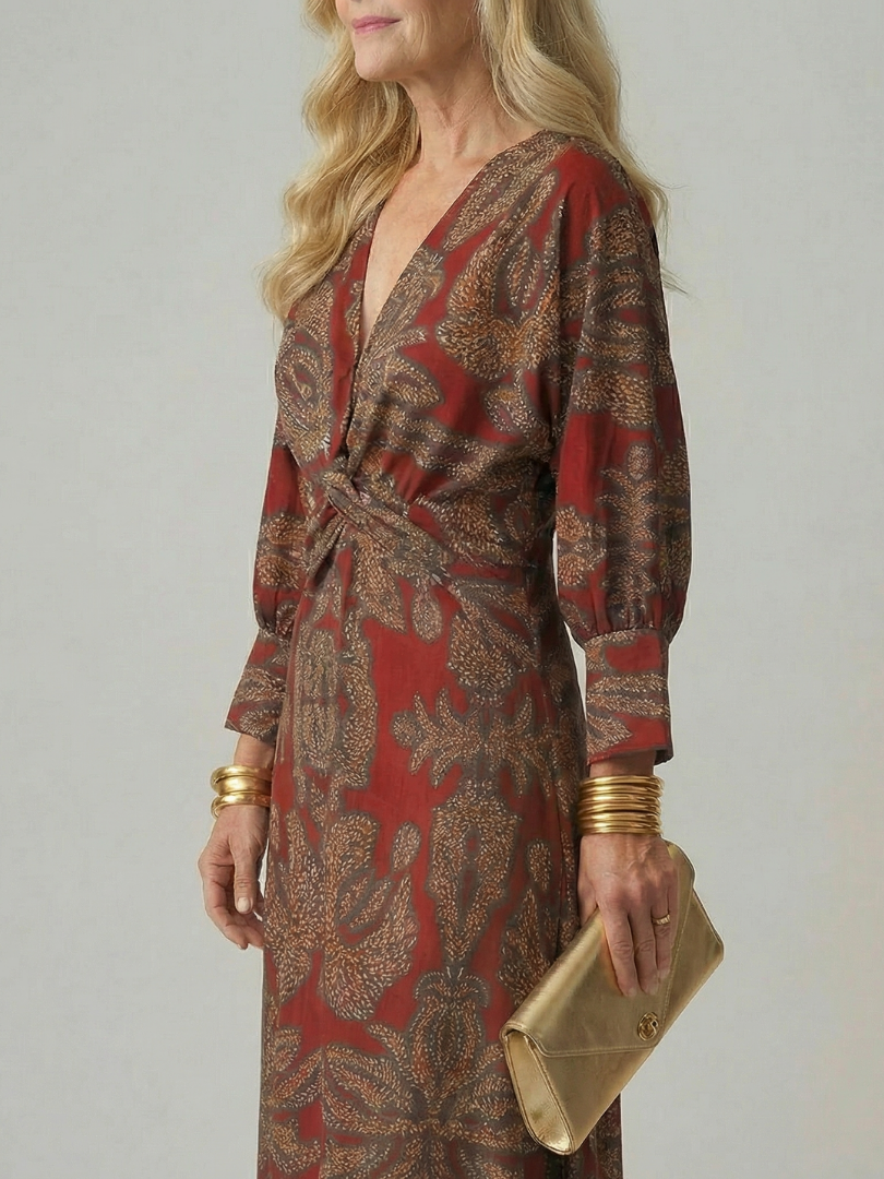 Delphine | Wrap Midi Dress in Natural Print