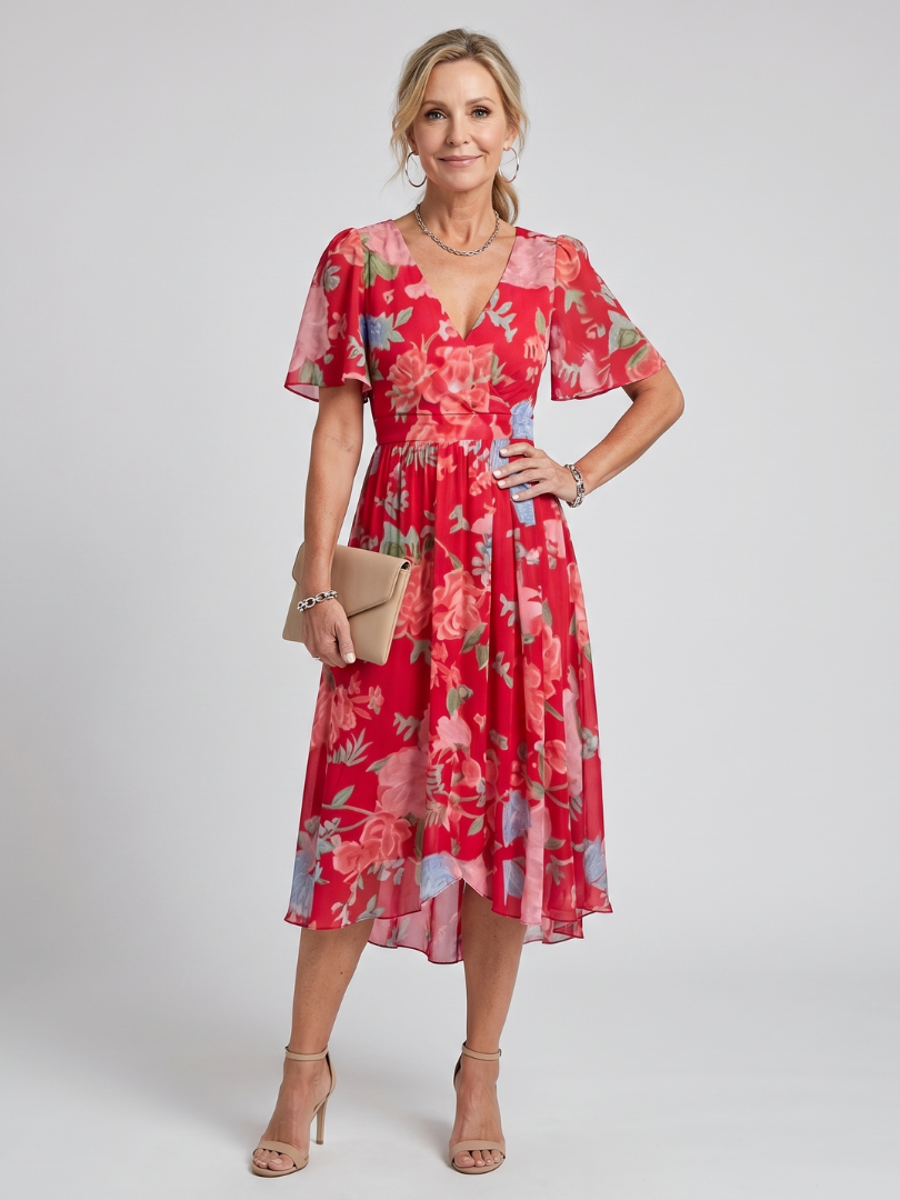 Hazel | Flutter Sleeve Gathered Waist Floral Midi Dress