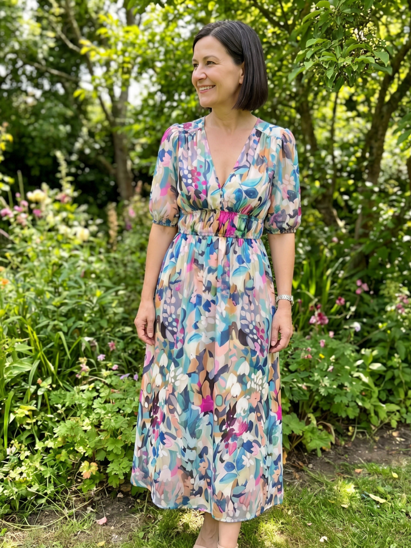 Coralie | Puff Sleeve V-Neck Abstract Print Midi Dress