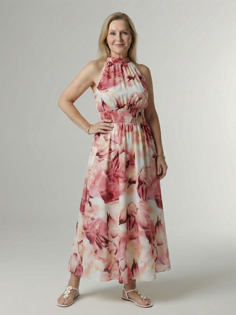 Niamh | Gathered Halter Flowy Midi Dress