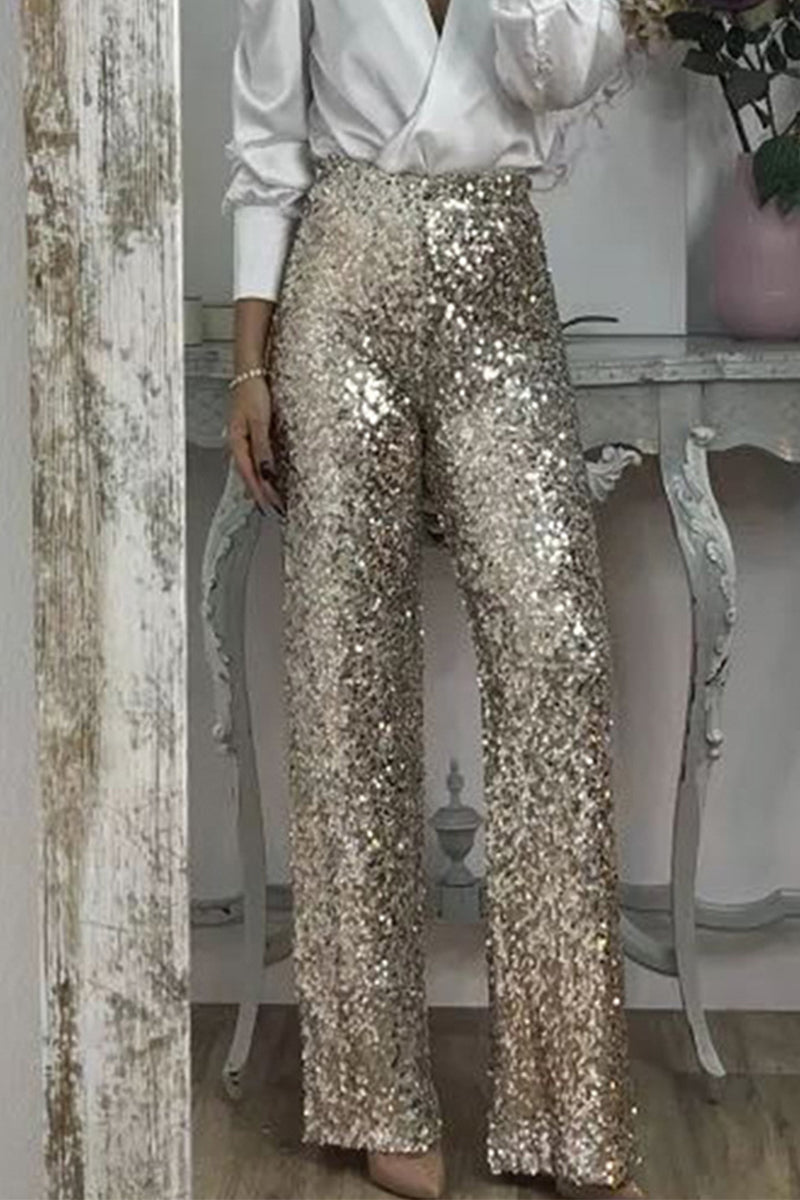 Clara | High Waist Sequin Straight Leg Trousers