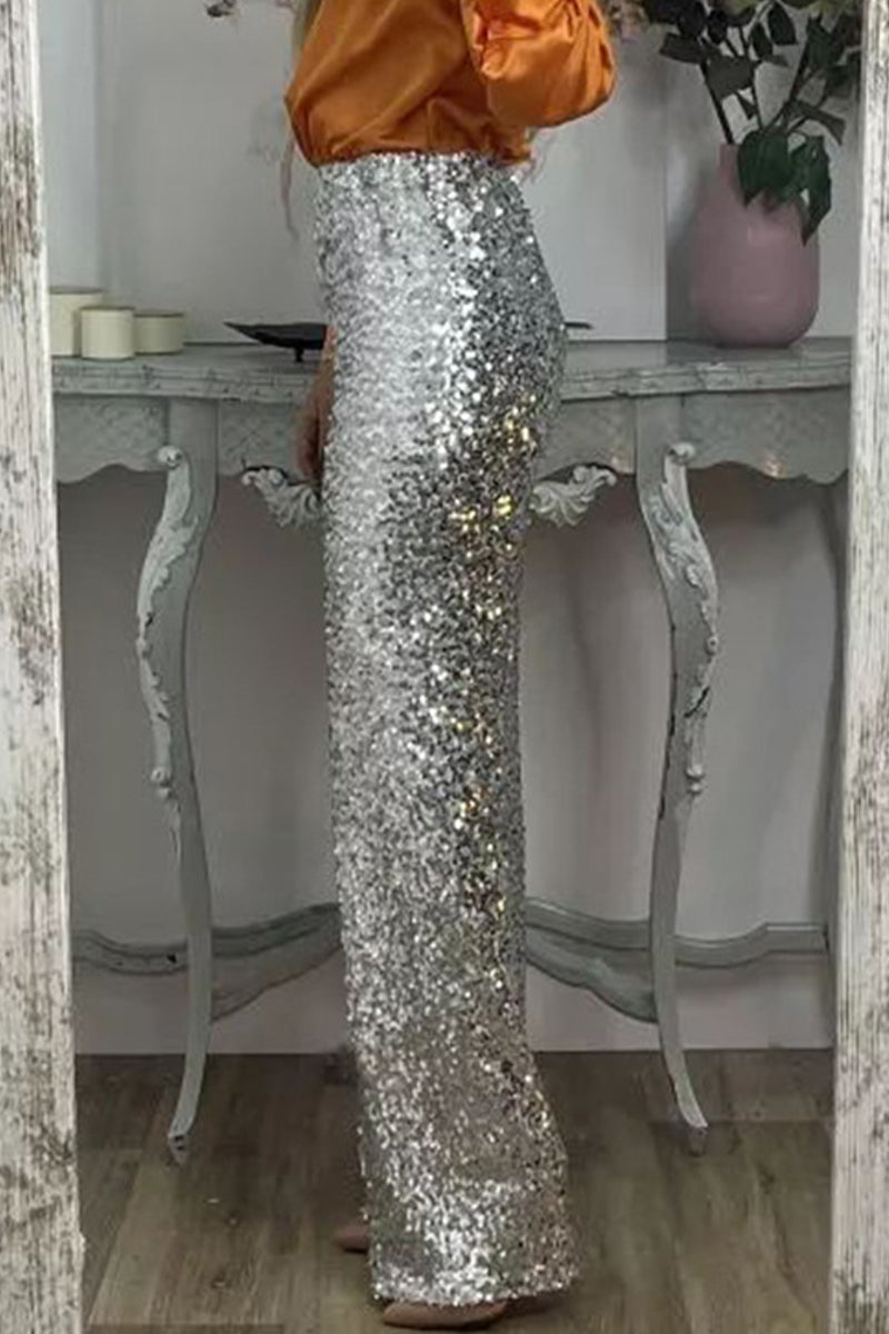 Clara | High Waist Sequin Straight Leg Trousers