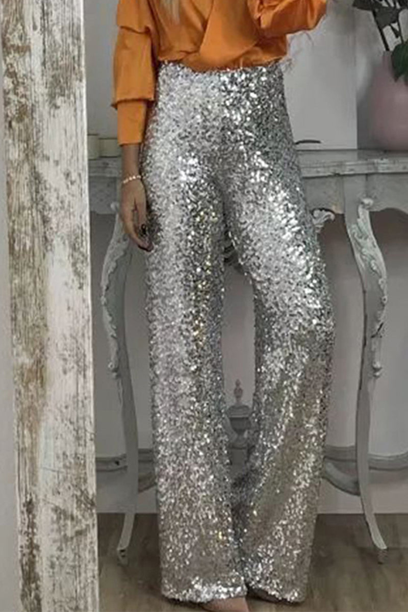 Clara | High Waist Sequin Straight Leg Trousers