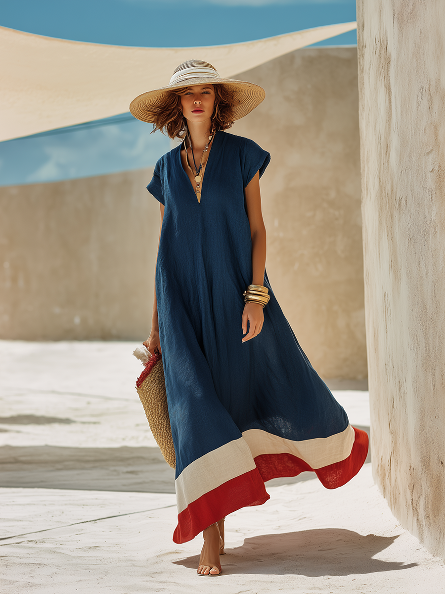 Alba | Contrast Hem Linen-Blend Maxi Dress